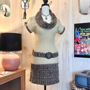 Vintage Women's Medium Large Brown and Tan Knit Sweater Belt Cowl Neck Dress 90s